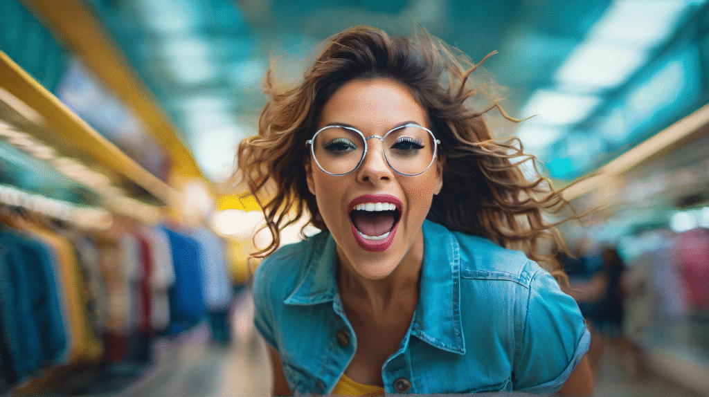 ai generated, woman, shopping, fashion, joyful, purchase, enthusiasm, fun, carefree, addicted to shopping, discount, offer, buyer, expense, fashionable