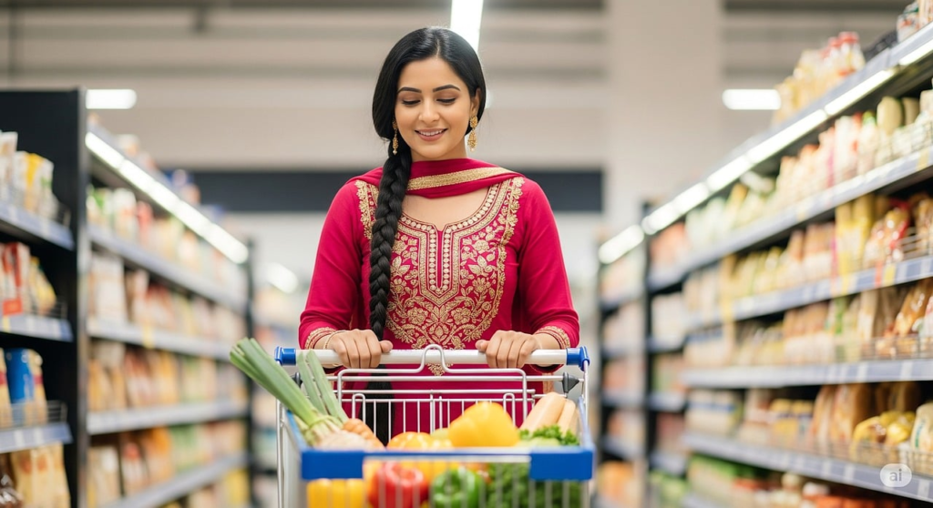 ai generated, woman, shopping cart, super market, supermarket, shopping, grocery, shop